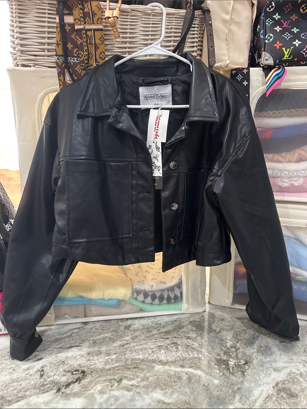 NWTS!Black Cropped Faux Leather Jacket - Women Large